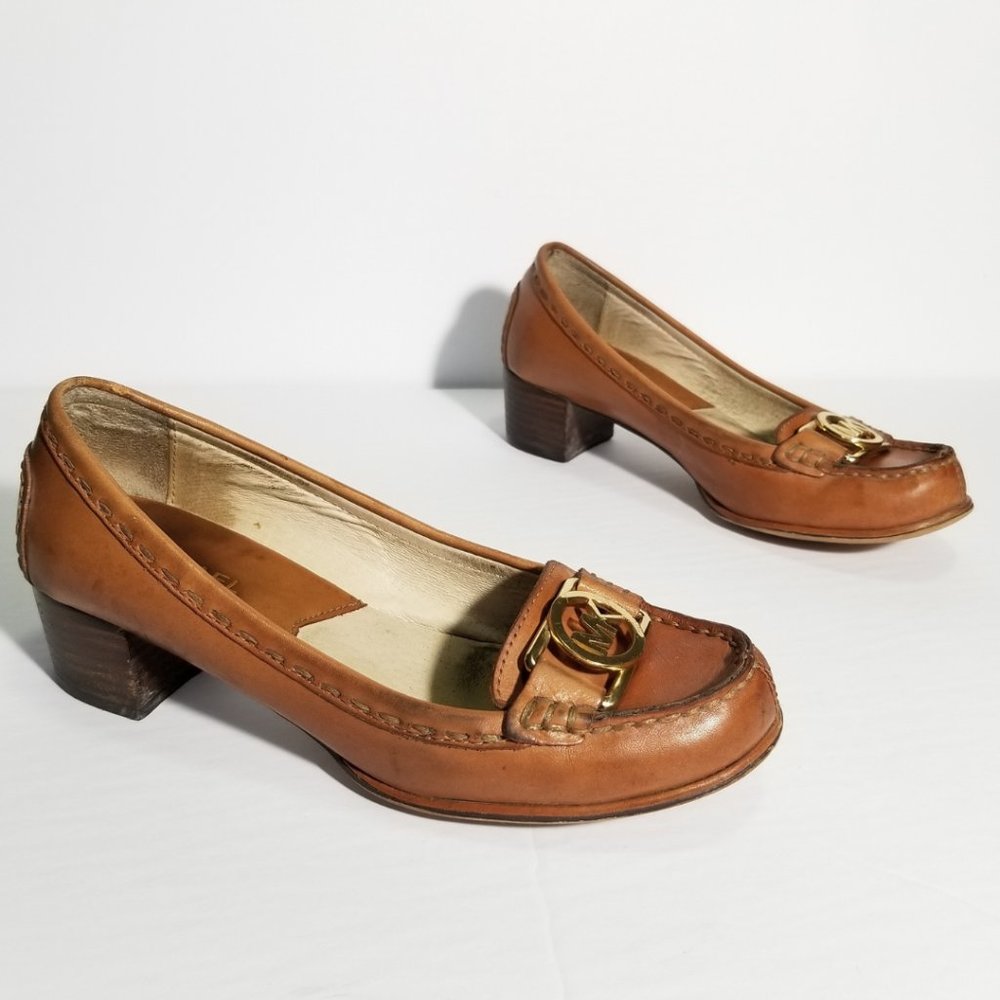 Michael Kors Brown Leather Golden Monogram Low Heel Loafers